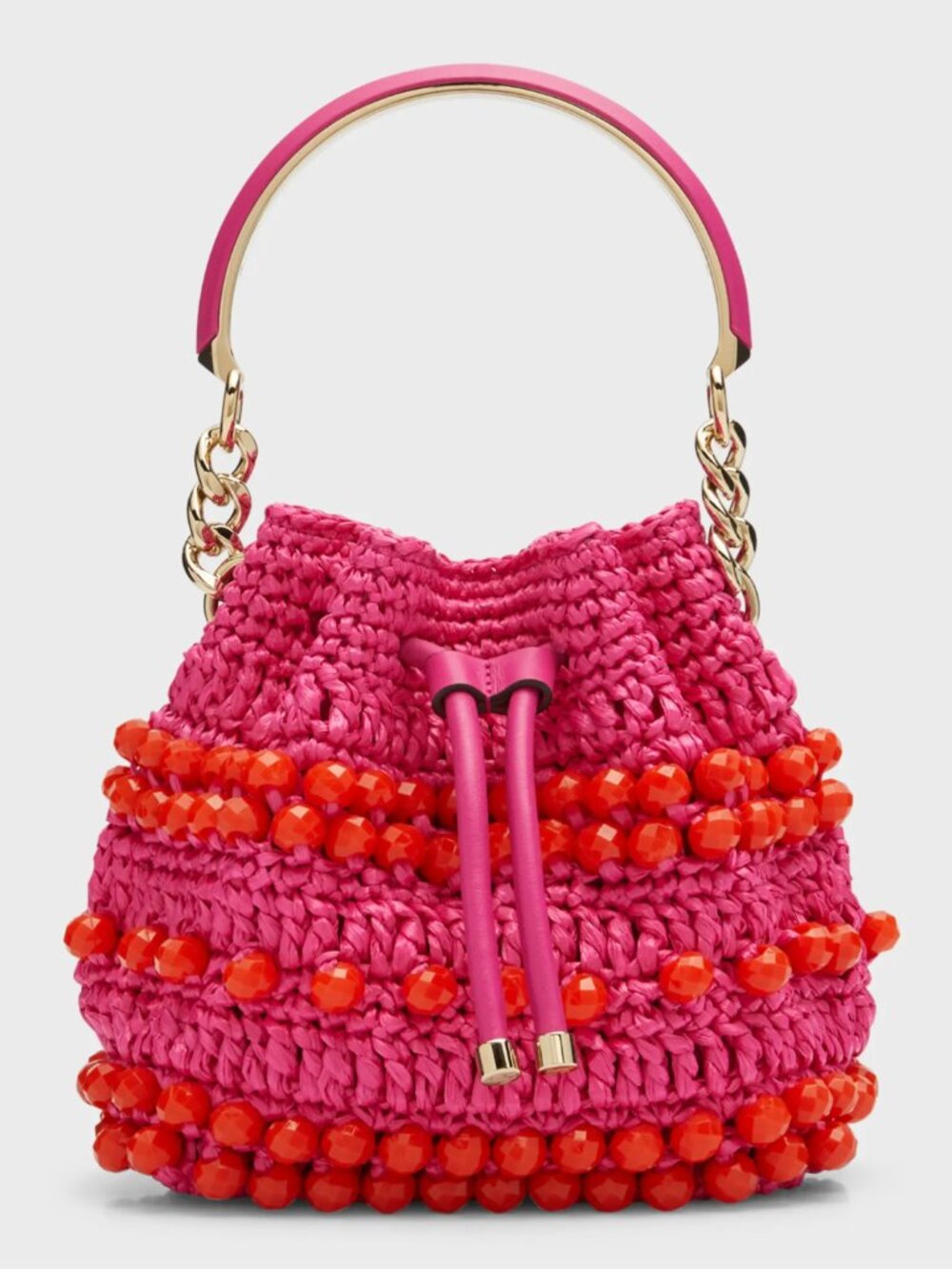 Jimmy Choo Raffia Bon Bon Bucket Bag Pink & Orange Beaded Crossbody